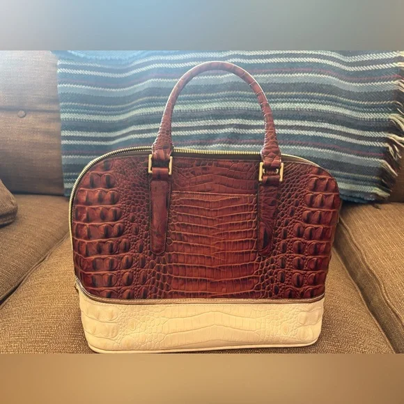 Brahmin Brown & Cream Croc-Embossed Satchel with Gold Hardware - Picture 3 of 9